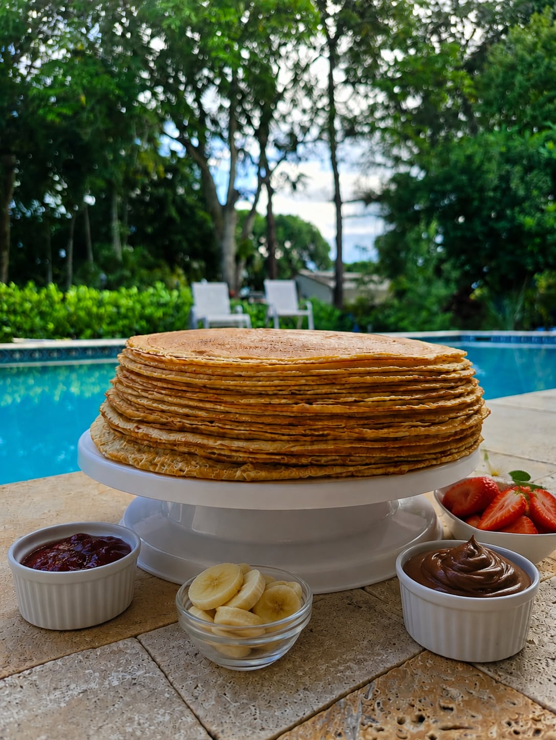 Tall stack of handmade French crêpes beside a South Florida pool with fruit and sauces