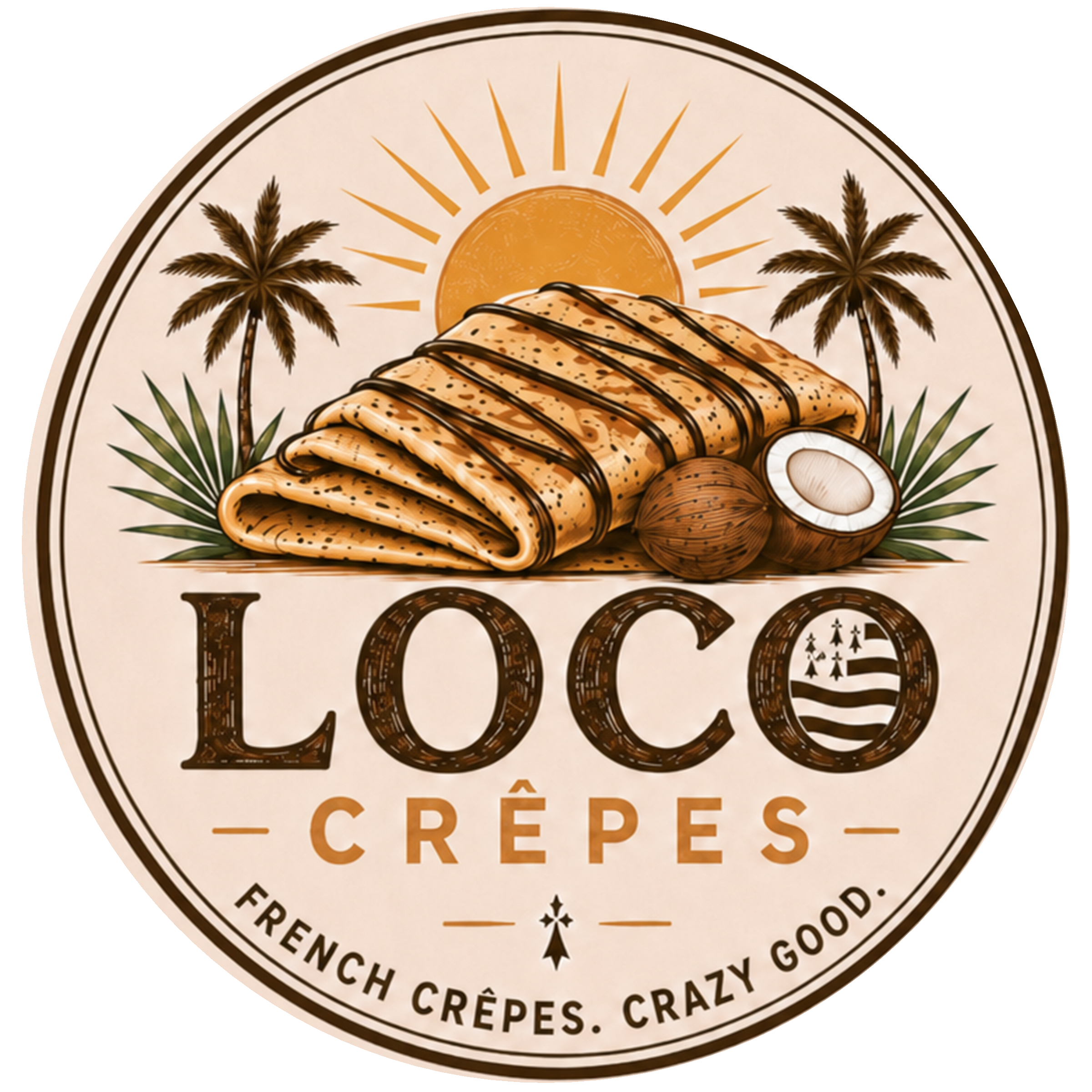 Vintage LOCO Crêpes logo with French crêpes and palms